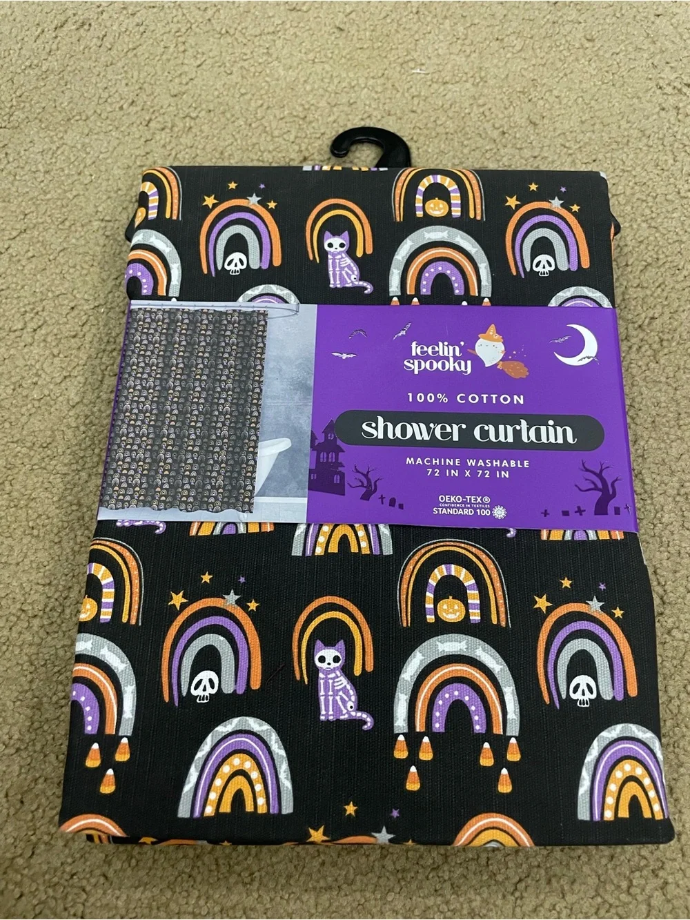 Feelin' Spooky Halloween Rainbow Cotton Shower Curtain - Black, Orange, Purple